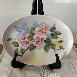Vintage Hand Painted Pink Poppy Oval Plate Small Platter Grandmillennial